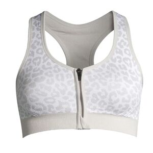 Front Zip White Leopard Print Sports Bra